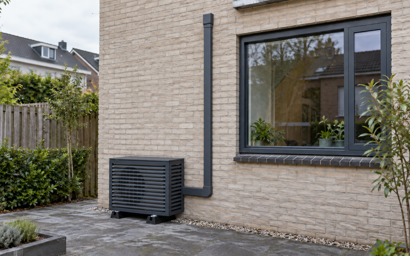 Fotorealistische impressie van een woning met antraciete leidingkoker en met buitenunitomkasting