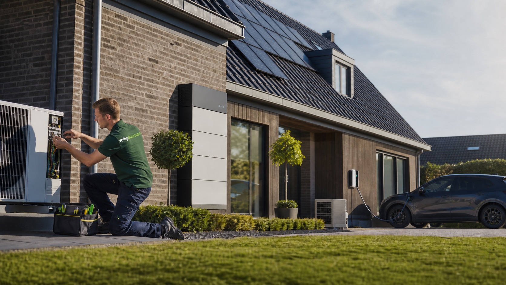 Monteur van Veilig Duurzaam aan het werk bij een duurzame woninginstallatie